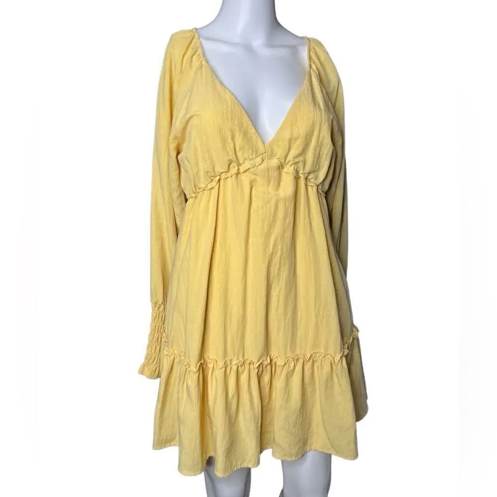 Lulu's Creative Idea Ruffled Long Sleeve Mini Dress Light Yellow Size Small